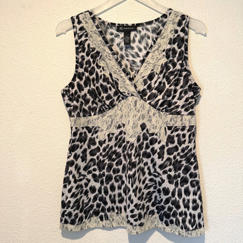INC International Concepts Womens‎ Leopard Print Lace Trim V-Neck Tank Top Large